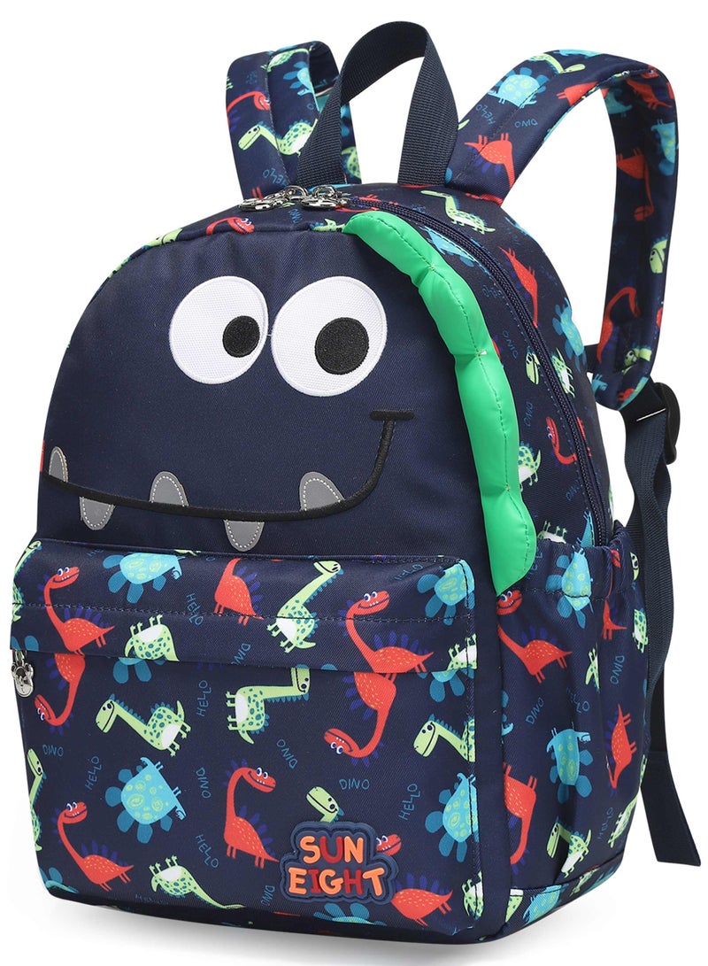 SUN EIGHT Preschool Toddler Kids Backpack Small 3D Cartoon Dinosaur Lunch Daycare School Bookbag Animal Travel Bags for Boy For 2-5 Years old, Cute Dinosaur, SE90074, Navy - Image 1